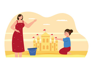 Mother accompanies her daughter to play in the sand. Parenting illustrations.