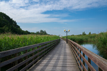View of the promenade in the village of Yantarny along the Baltic Sea line on a sunny summer day,...