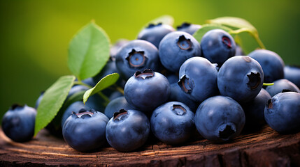 a pile of blueberries sitting on top of a wooden stump