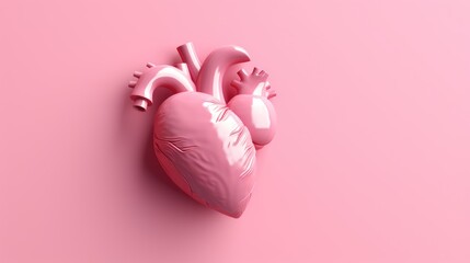 Artificial pink plastic heart model on pink background. 3d printed models of organs. Valentine's day. Printed on a 3D printer heart.