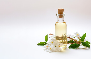 Essential jasmine oil on white background with copy space