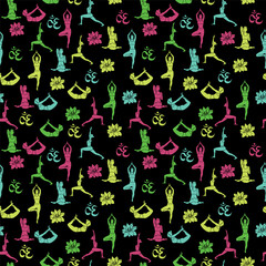 Yoga poses have a seamless pattern background with women in yoga poses. Great for healthy lifestyle and workout-inspired products, fabrics, packaging, and wallpaper projects. Healthy lifestyle.