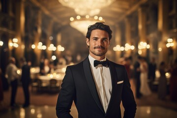 Stylish man wearing a 1920s tuxedo with a bow tie at a grand ballroom event. - obrazy, fototapety, plakaty