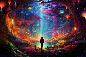 Young traveler in a surreal, rainbow-colored forest with fantastical, glowing wildlife.
