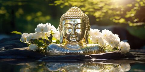 Glowing buddha face statue in zen garden with green nature