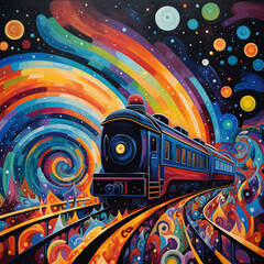 Whimsical Train Journey: Naive Style Painting with Abstract Shapes and Colors