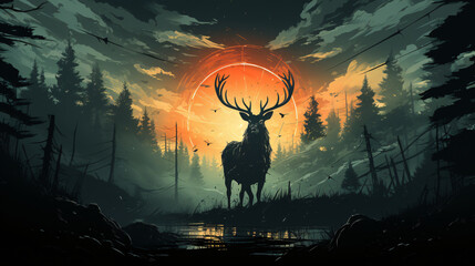 Deer running through the dark forest on a cold night looking back at the illustrations
