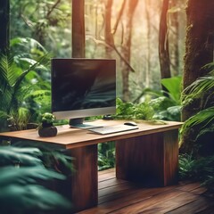 laptop on the table in the forest