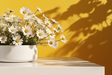 Realistic 3D render blank empty stylish white marble products display podium with beautiful white bellis perennis daisy bouquet and foliage shadow on bright mustard yellow wall. generative ai.