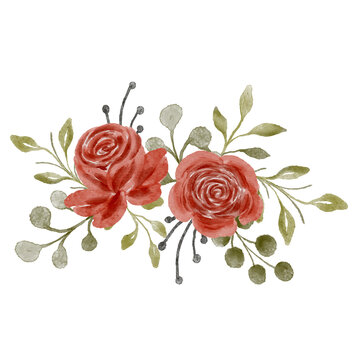 watercolor red roses and green leaves clip art preview