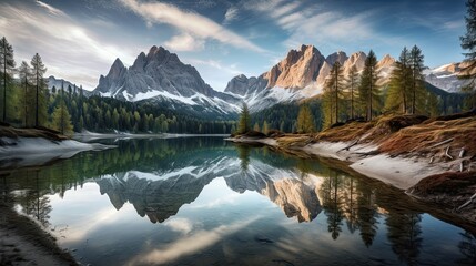 Lake Prags reflecting mountains Dolomites Italy