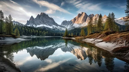 Fototapete Reflection Lake Prags reflecting mountains Dolomites Italy