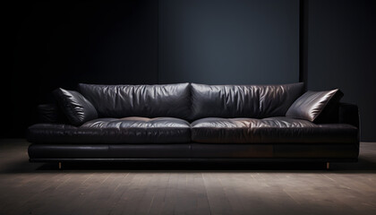 Capture the essence of relaxation and comfort with a series of casual sofa photography shots featuring a black leather sofa. Generative AI - obrazy, fototapety, plakaty