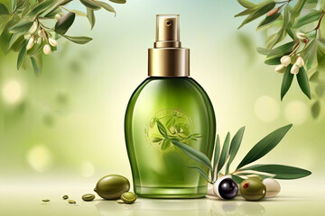 Olive cosmetic Bottle package skin care cream, green leaves and olive on  bokeh background