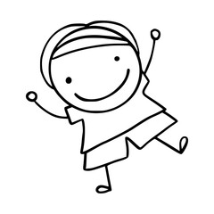 Hand-Drawn Line Art Cartoon of Happy Kids. Children Illustration.