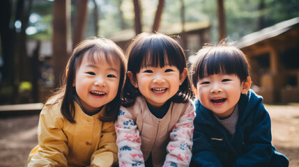 日本の幼稚園児3人が私服で横にぎゅっと並んで笑っている写真、背景自然の森、森のようちえん - obrazy, fototapety, plakaty
