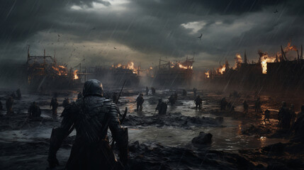 Fototapeta na wymiar Soldiers with a battlefield background.