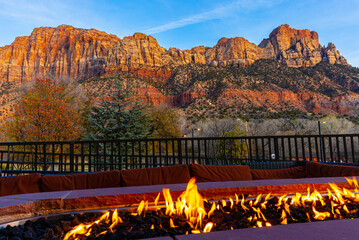 The Watchman Formation at Sunset With Fire Place, Zion National Park, Utah, USA