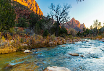 The Watchman and The Virgin River at Sunset, Zion National Park, Utah, USA