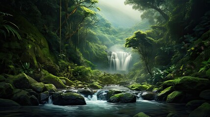 Naklejka na ściany i meble Long river of the waterfall between green mountains