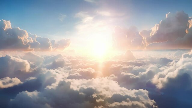 Dense lumpy mounds of fluffy clouds illuminated by bright sunbeams