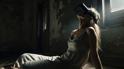 Portrait of woman using virtual reality  VR.