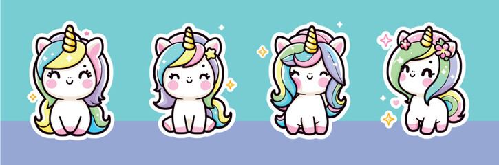 Cute Rainbow Unicorns Set, vector illustration