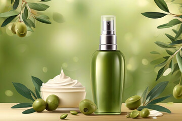 Olive cosmetic Bottle package skin care cream, green leaves and olive on  bokeh background