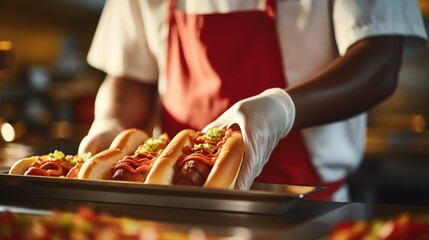 From Kitchen to Plate: Join Our Chef in the Professional Kitchen as They Prepare Mouthwatering Hotdogs for Your Enjoyment. - obrazy, fototapety, plakaty