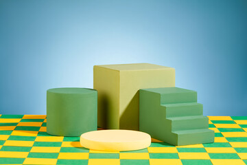A set of geometric shape podiums are arranged over the blue background. Collection of podiums and...
