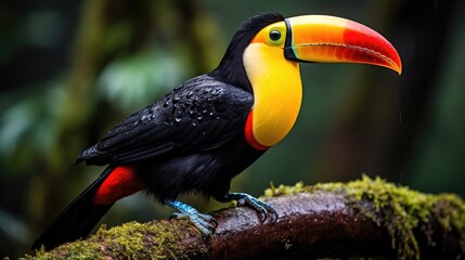 Fototapeta premium Immersed in Nature's Palette: Toucans Display Their Vivid Colors in the Rich Canopy of the Tropical Rainforest.