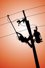 The power lineman use clamp stick (insulated tool) to closing a transformer on energized high-voltage electric power lines. The power lineman must be trained because it is a risky job.
