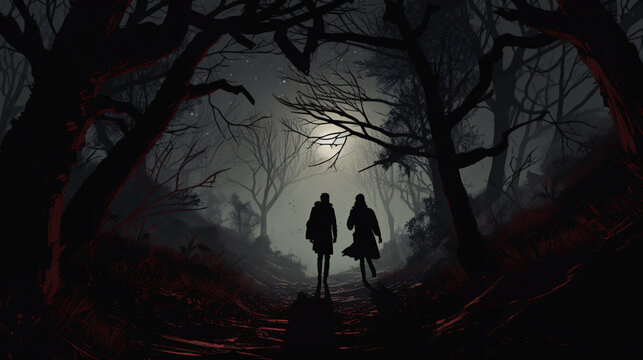 Walk in the spooky forest under the moonlight.