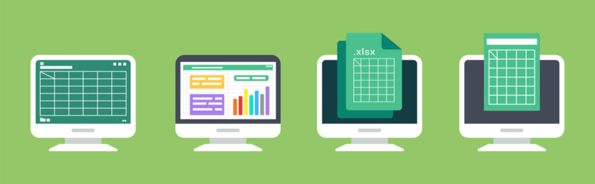 Spreadsheet on Computer screen flat illustration. Financial accounting report concept. office things for planning and accounting, analysis, audit, project management, marketing, research vector set