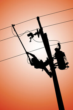 The power lineman use clamp stick (insulated tool) to closing a transformer on energized high-voltage electric power lines. The power lineman must be trained because it is a risky job.