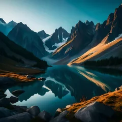 Wandcirkels aluminium landscape with lake and mountains © Mulazimhussain