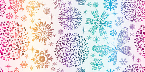 Vector seamless festive pattern with rainbow gradient balls and snowflakes and stars on a white background - obrazy, fototapety, plakaty