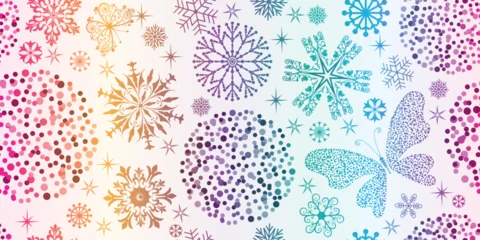 Foto op Canvas Vector seamless festive pattern with rainbow gradient balls and snowflakes and stars on a white background © Olga Drozdova
