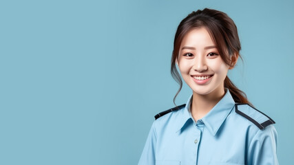 Fototapeta premium Asian woman in prison officer uniform isolated on pastel background