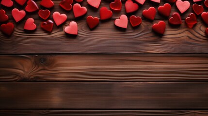 Hearts on dark wooden backdrop for Valentine's Day greeting card with space