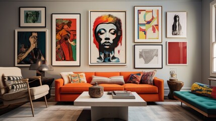 Artistic Showcase: Immerse Yourself in the Beauty of a Well-Curated Gallery Wall, Featuring Diverse and Colorful Artwork, Creating a Cool and Stylish Living Room Expression.