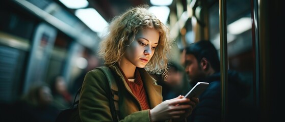 Young woman using smartphone on public transportation. Technology and urban life. - obrazy, fototapety, plakaty
