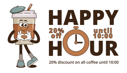 Funky groovy cartoon character Coffee Happy Hour banner. Vintage funny mascot patch psychedelic smile, emotion. Design art for cafe, bar, restaurant. Comic trendy vector illustration 90s style