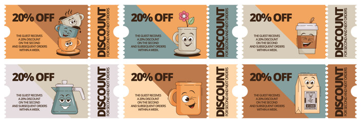 Funky groovy cartoon character Coffee discount coupon. Vintage funny mascot patch psychedelic smile, emotion. Design art for cafe, bar, restaurant. Comic trendy set vector illustration 90s style