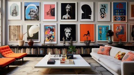 Artistic Showcase: Immerse Yourself in the Beauty of a Well-Curated Gallery Wall, Featuring Diverse and Colorful Artwork, Creating a Cool and Stylish Living Room Expression.