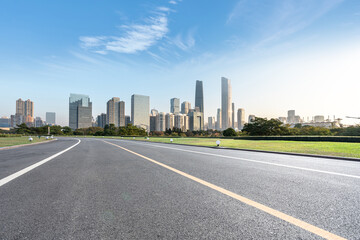 city skyline with road