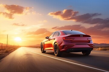 A sleek car glides gracefully along the winding road, its metallic exterior catching the warm hues of the evening sun. The asphalt beneath reflects the fading daylight. Headlights pierce the encroachi