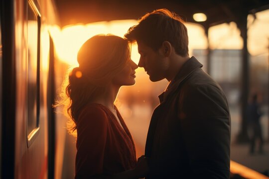 Love Beyond Goodbye: A Couple Sharing a Kiss Near the Window of a Train Terminal - A Farewell Embraced with Love, Passion, and Heartfelt Goodbye, Leaving a Lingering Sense of Longing.

