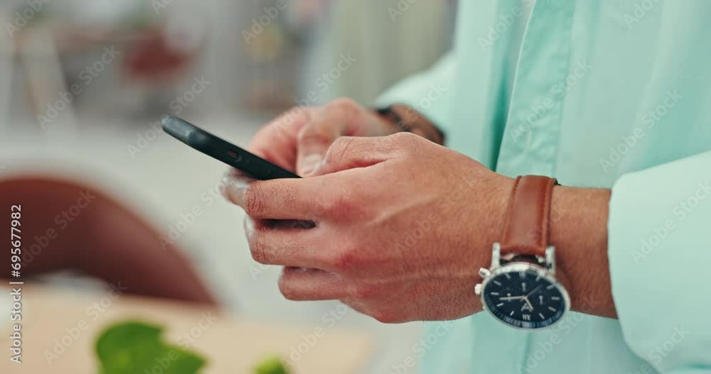 Poster phone, search and closeup of man hands in a house with social media, chat or texting communication. 