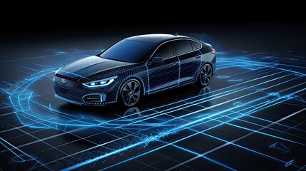 Electronic safety of the car on the road in the city. connected cars, with IoT and smart technologies, neon. Generative ai